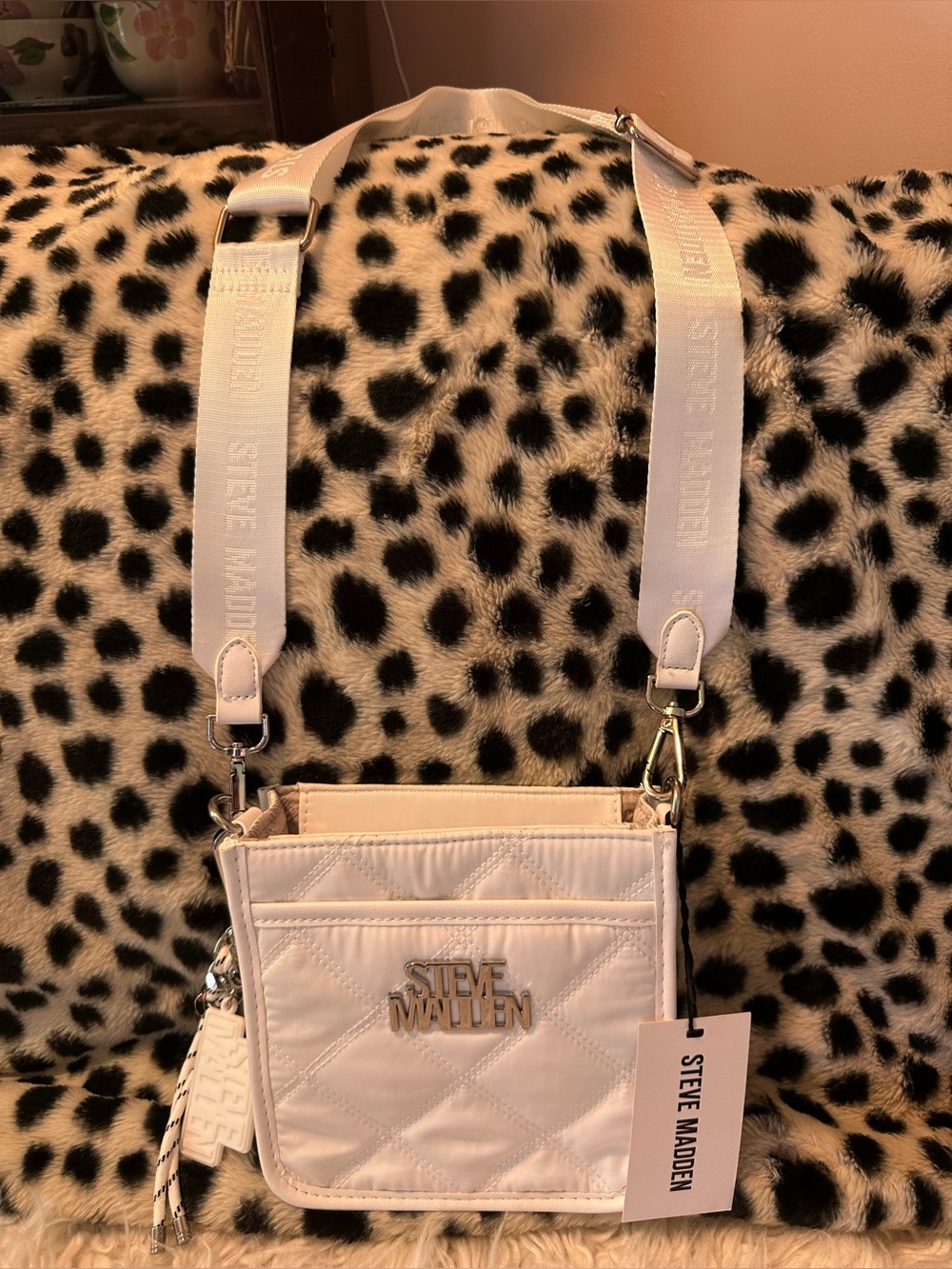 Steve Madden White BMEZZA Quilted Crossbody with Logo Strap. Silver Hardware